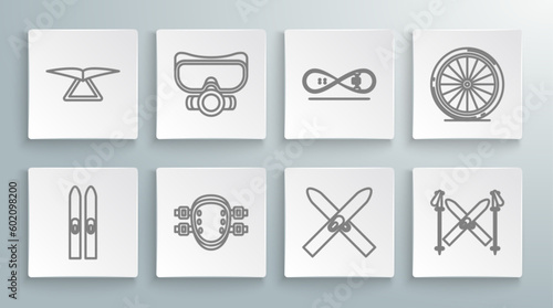 Set line Ski and sticks, Diving mask, Knee pads, Skateboard trick, Bicycle wheel and Hang glider icon. Vector