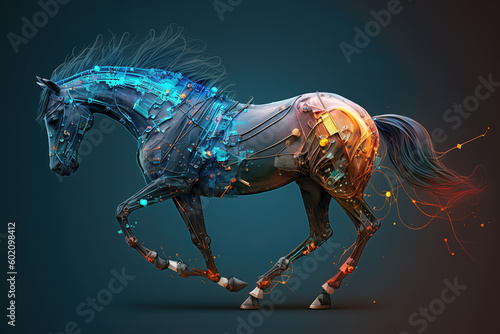 Image of a horse with technology concept. Wildlife Animals. Illustration, generative AI.