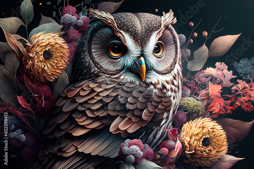 Image of brightly colored owl with colorful tropical flowers. Wild Animals. Birds. illustration. Generative AI.