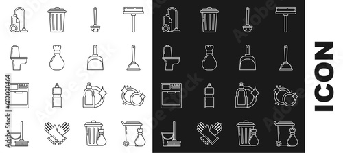 Set line Trash can, Washing dishes, Toilet plunger, brush, Garbage bag, bowl, Vacuum cleaner and Dustpan icon. Vector