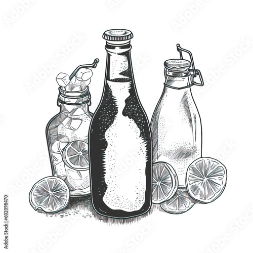 Black and white hand drawn sketch of a vintage kombucha bottle illustration on a white background. AI generative