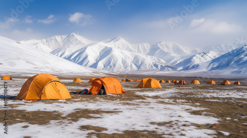 Bright tents in the field and snow mountains in the distance, high peak in the background. Tourist tents standing on meadow surrounded by snow. Realistic 3D illustration. Generative AI
