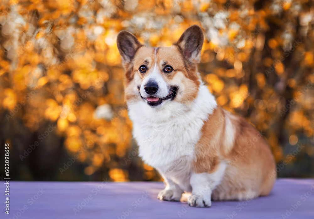 beautiful portrait of a corgi dog in the garden on a golden background