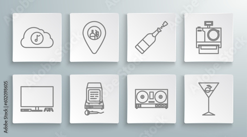 Set line Video game console, Alcohol or beer bar location, Karaoke, DJ remote for playing and mixing music, Martini glass, Champagne bottle, Photo camera and Music streaming service icon. Vector
