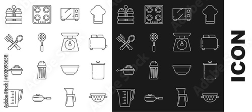 Set line Kitchen colander, Cooking pot, Toaster with toasts, Microwave oven, Spatula, Crossed fork spoon, Salt pepper and Scales icon. Vector