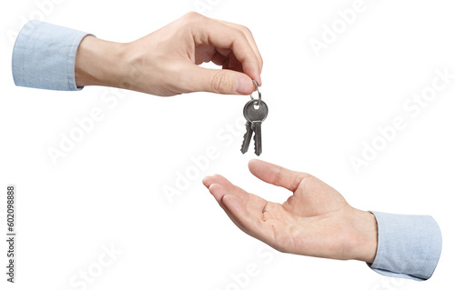 Two hands sharing house keys, cut out