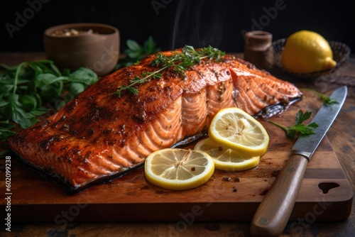 Close-up of a perfectly cooked and seasoned grilled salmon with juicy, side of lemon wedges. Ai generative.