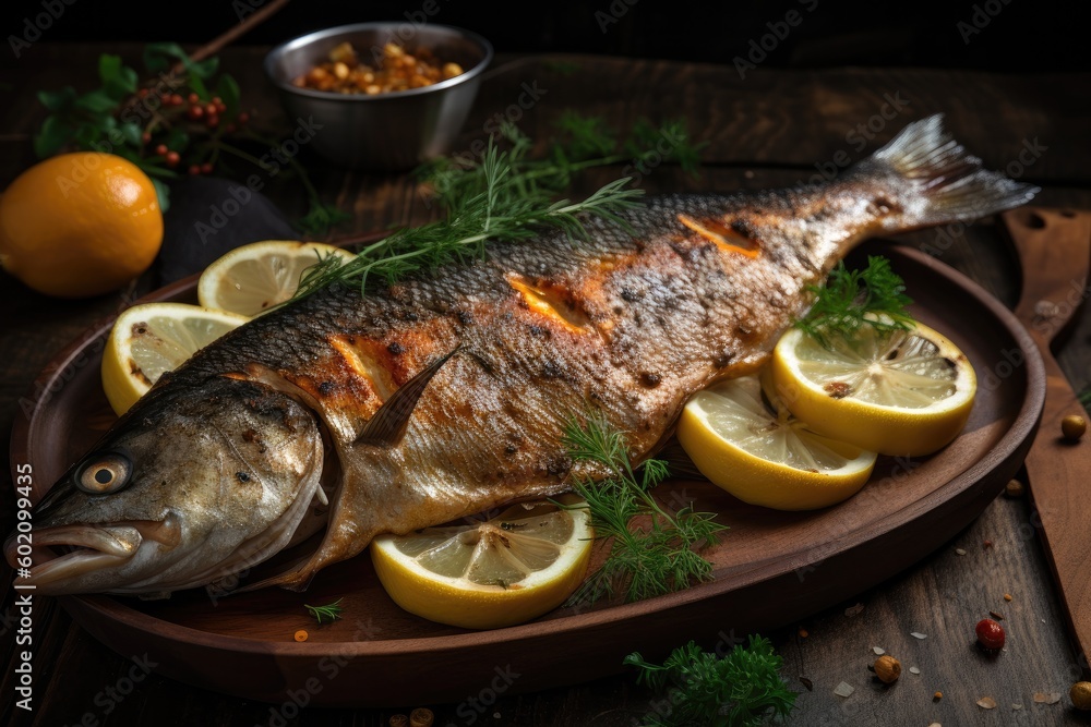 Close-up of a perfectly cooked and seasoned grilled trout with juicy, side of lemon wedges. Ai generative. Close-up of a perfectly cooked and seasoned grilled trout with juicy, side of lemon wedges. Ai generative.