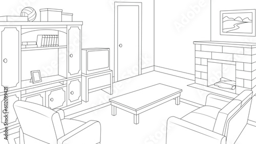 Vector illustration, interior design of a living room with a fireplace, coloring book.
