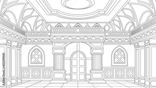Vector illustration, royal ballroom, book coloring.