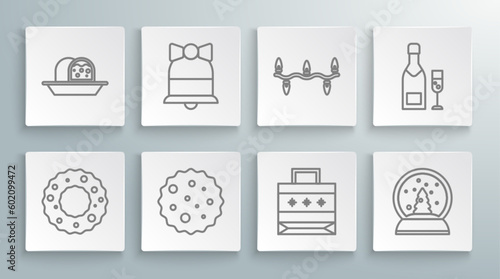 Set line Christmas wreath, Merry ringing bell, Cookie or biscuit with chocolate, paper shopping bag, snow globe, lights, Champagne bottle and glass of champagne and Marzipan sponge cake icon. Vector