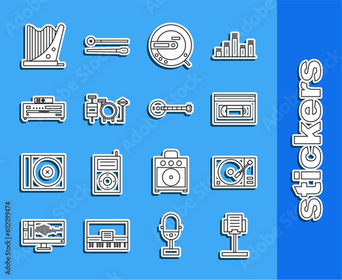 Set line Music stand, Vinyl player with vinyl disk, VHS video cassette tape, CD, Drums, Harp and Banjo icon. Vector