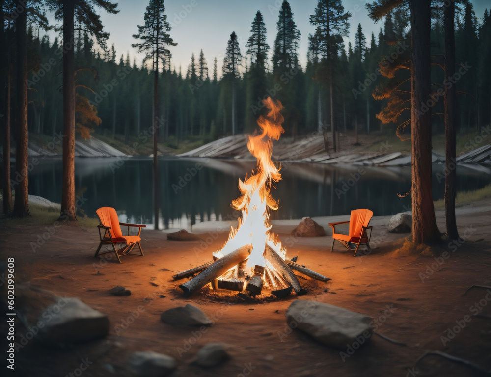 Fototapeta premium View of campfire burning by lake. Beach Bonfire at Sunset. Generated AI