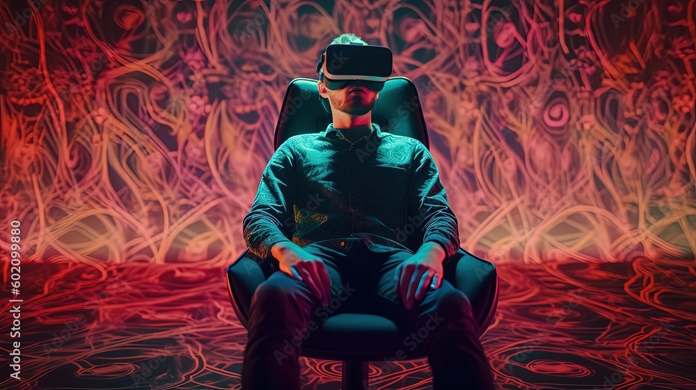 man sitting on armchair wearing virtual reality headset, digital art style, by ai generative