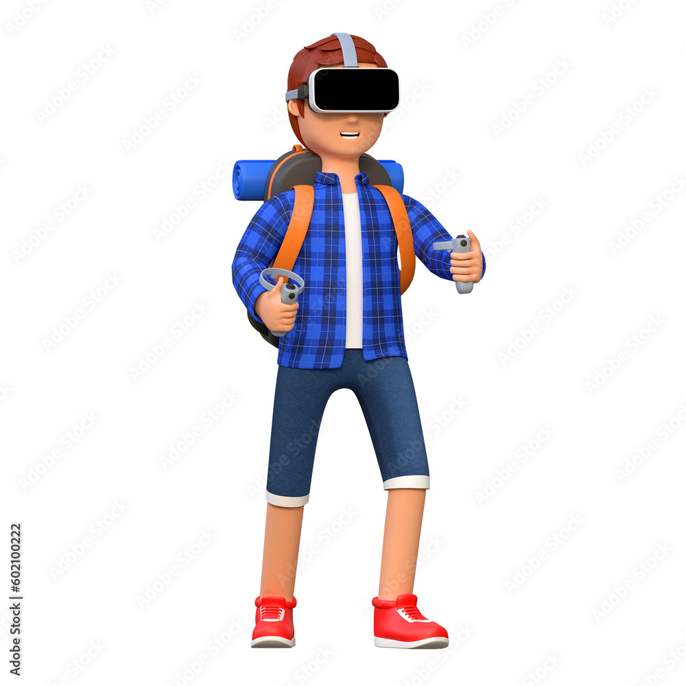 backpacker wearing virtual reality headset while playing 3d cartoon character illustration backpacker wearing virtual reality headset while playing 3d cartoon character illustration