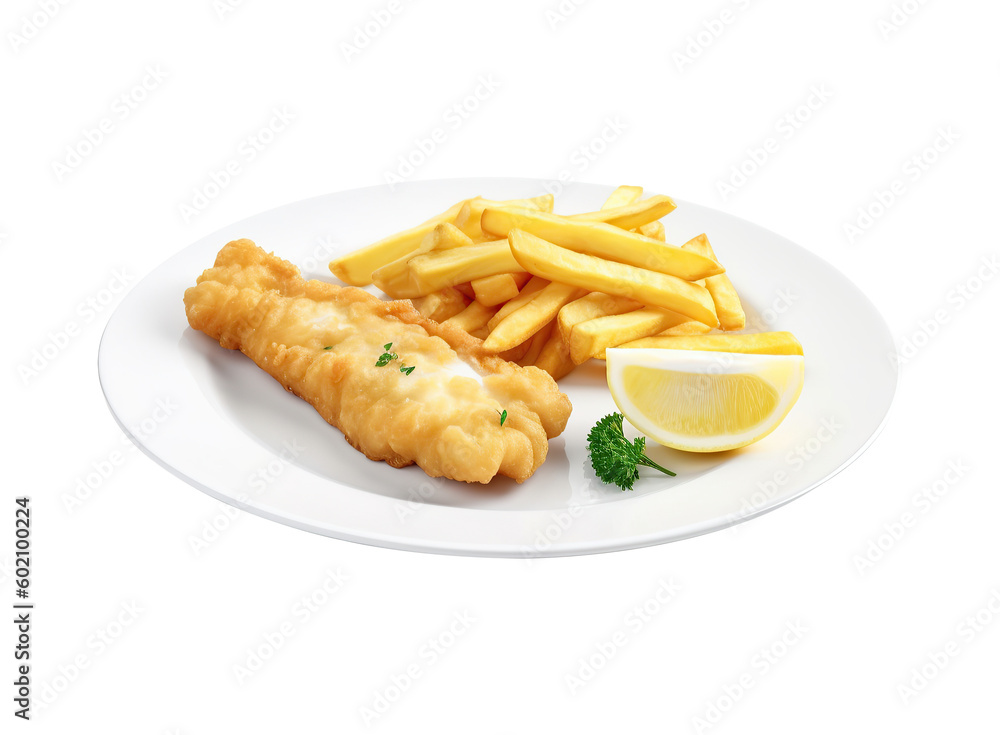 Φωτογραφία Hake in batter with french fries and lemon on a plate on a cutout PNG transparent background