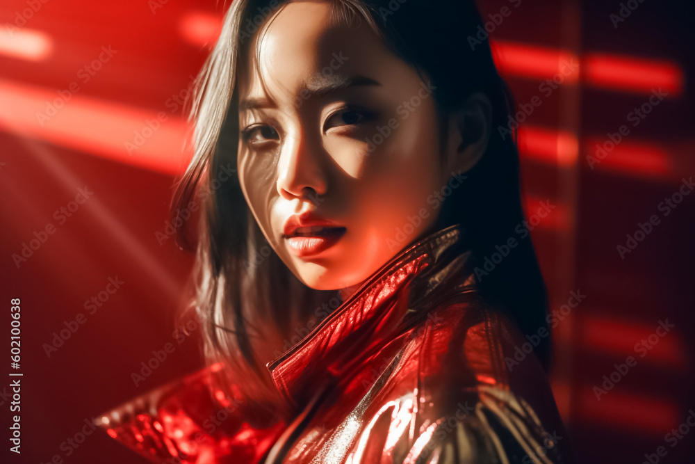 With bold lighting casting deep shadows, a confident Asian woman stands before a vivid red background, exuding strength and power in her confident pose. generative AI. With bold lighting casting deep shadows, a confident Asian woman stands before a vivid red background, exuding strength and power in her confident pose. generative AI.