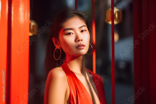 With bold lighting casting deep shadows, a confident Asian woman stands before a vivid red background, exuding strength and power in her confident pose. generative AI.