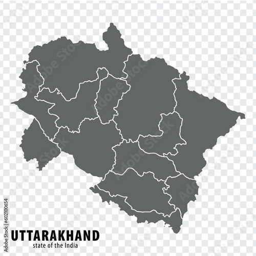Blank map State Uttarakhand of India. High quality map Uttarakhand with municipalities on transparent background for your web site design, logo, app, UI. Republic of India. EPS10.