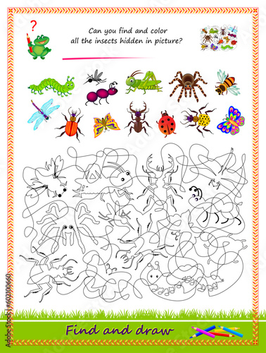 Educational page for little children. Can you find and color all the insects hidden in picture? Logic puzzle game. Coloring book. Worksheet for kids school textbook. Vector cartoon illustration.