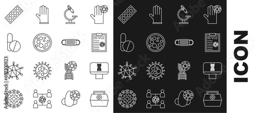 Set line First aid kit, DNA spiral and computer, Clipboard with blood test results, Microscope, Virus, Medicine pill or tablet, Pills blister pack and Medical protective mask icon. Vector