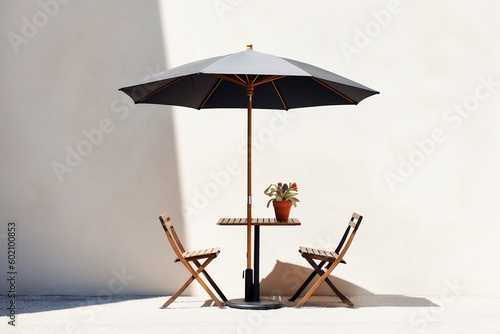 Summertime Alfresco Dining with Umbrella Table and Chair, generative Ai