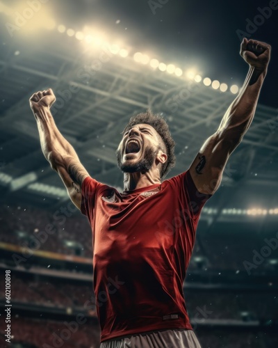Soccer player in a red jersey is celebrating in a stadium. Concept of excitement and joy, as the man's arms are raised high in the air