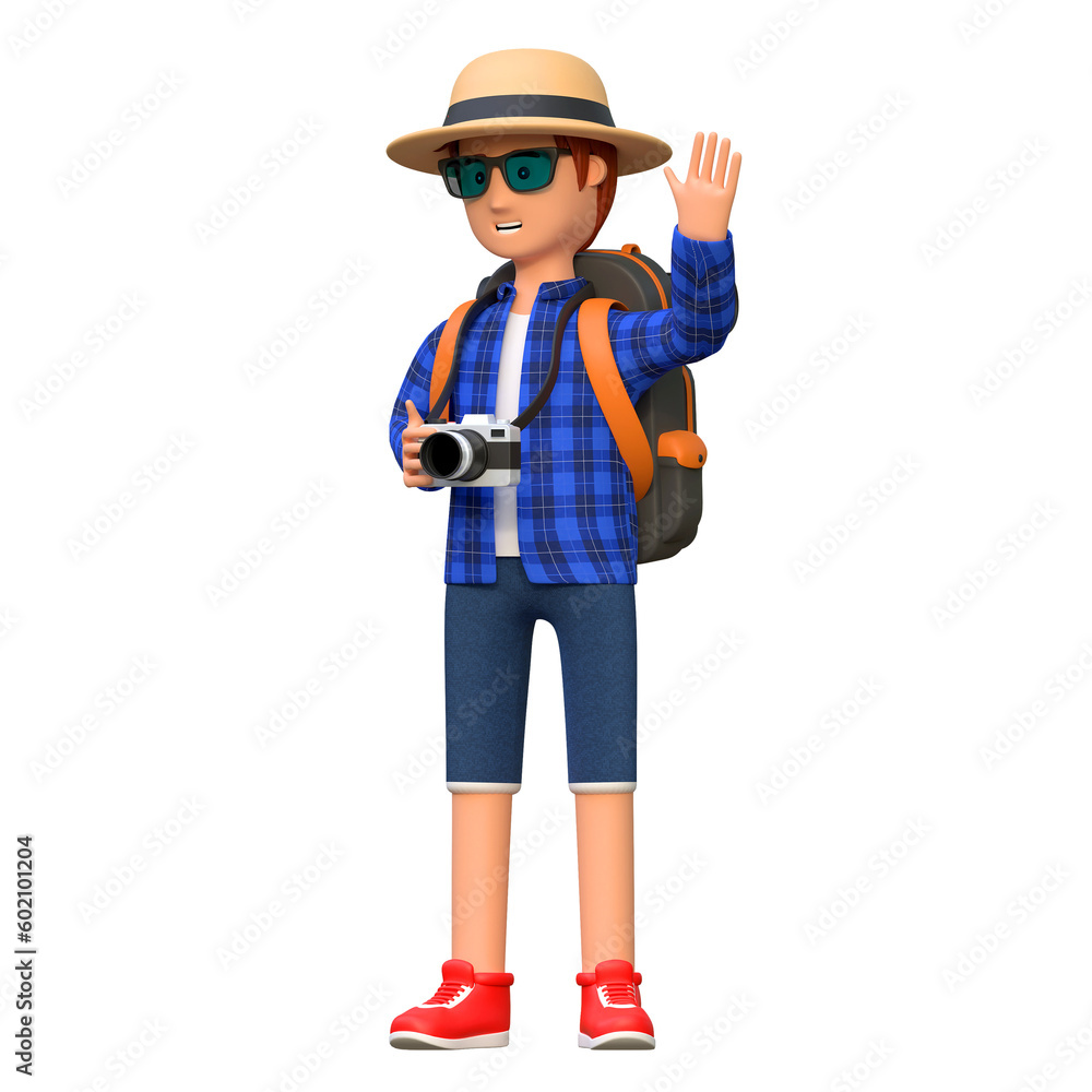 backpacker waving hand while holding travel bag in airport 3d cartoon character illustration