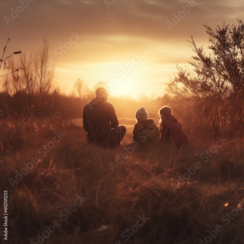 child field lifestyle family back nature outdoor mother father summer view. Generative AI.