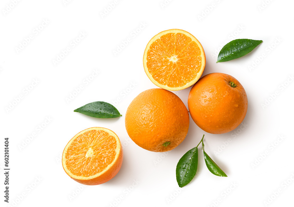 Top view of fresh oranges with cut in half isolated on white background. Top view of fresh oranges with cut in half isolated on white background.