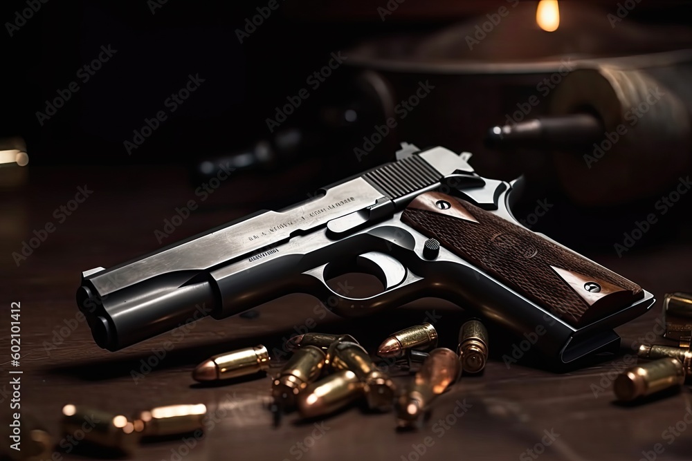 Gun and bullets strewn on the rustic oak table. Ai generative. Gun and bullets strewn on the rustic oak table. Ai generative.