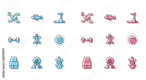 Set line Women waist, Meditation, Attention to health heart, No alcohol, doping syringe, Sun, Dumbbell and Fish icon. Vector