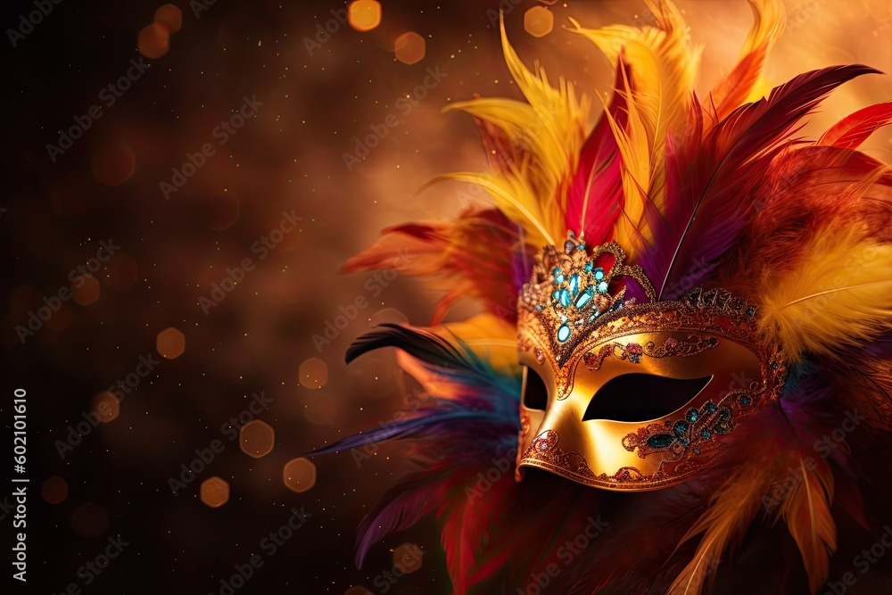 A Majestic Carnival Mask Ornamented with Gold and Colourful Feathers: the Symbol of Vibrant Venice Celebrations, Generative AI