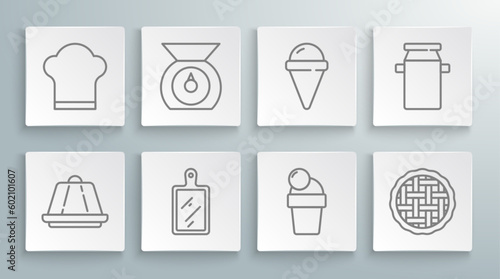 Set line Pudding custard, Scales, Cutting board, Ice cream, Homemade pie, waffle cone, Can container for milk and Chef hat icon. Vector