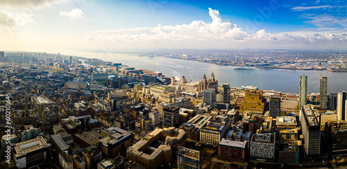 Aerial view of the Royal Liver building, a Grade I listed building in Liverpool, England photo