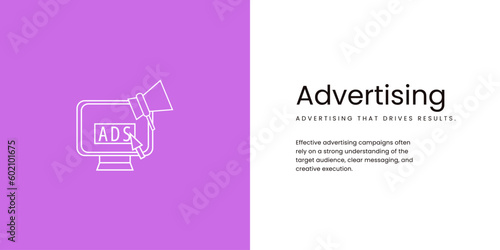 Advertising Banner on White and Purple Background. Stylish Marketing Banner with Black Text and White Ads Icon for Business and Marketing