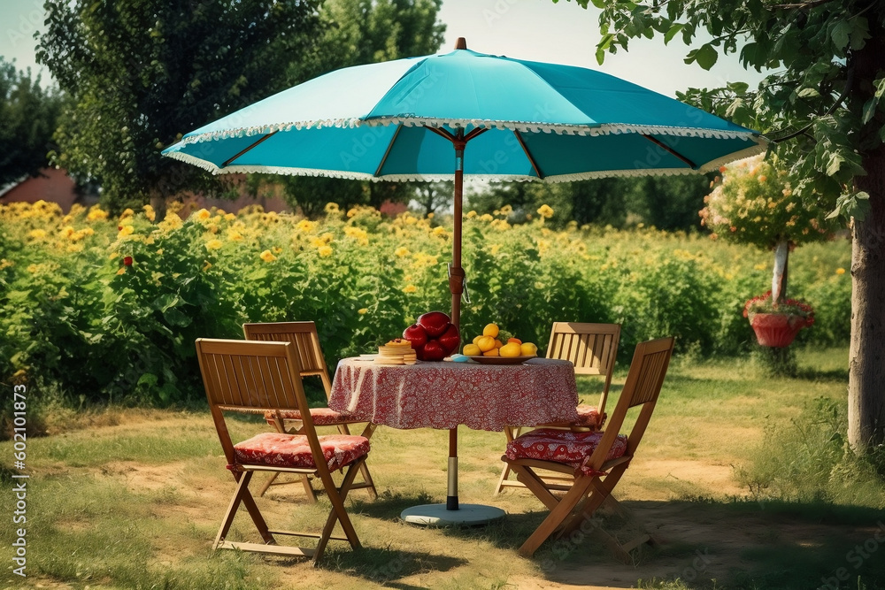 Outdoor Garden Experience, Table, Chairs, and Umbrella for Your Spring/Summer Picnic, generative Ai Outdoor Garden Experience, Table, Chairs, and Umbrella for Your Spring/Summer Picnic, generative Ai