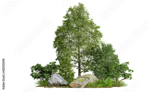 Isolate tree with small land and plant, small forest on white background with clippings path , 3d illustrations rendering photo