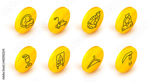 Set line Shower head, Hanger wardrobe, Wet floor, Vacuum cleaner, Cleaning lady service, Socks, Lawn mower and Washing dishes icon. Vector