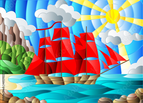 Illustration in stained glass style with sailboats against the sky, the sea and the sunrise background