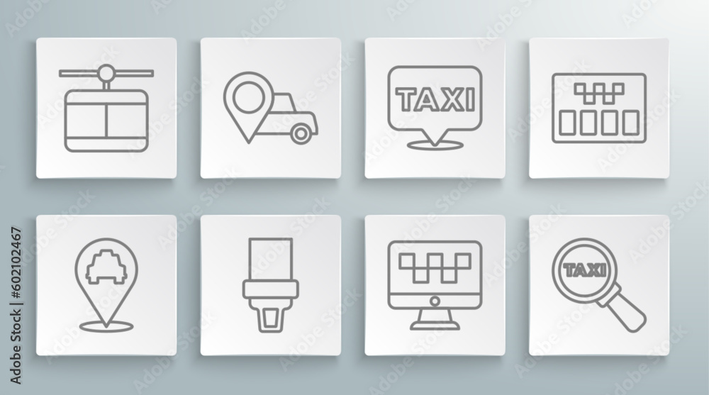 Set line Location with taxi, Safety belt, Computer call service, Magnifying glass and car, Taximeter and Cable icon. Vector Set line Location with taxi, Safety belt, Computer call service, Magnifying glass and car, Taximeter and Cable icon. Vector