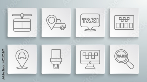 Set line Location with taxi, Safety belt, Computer call service, Magnifying glass and car, Taximeter and Cable icon. Vector
