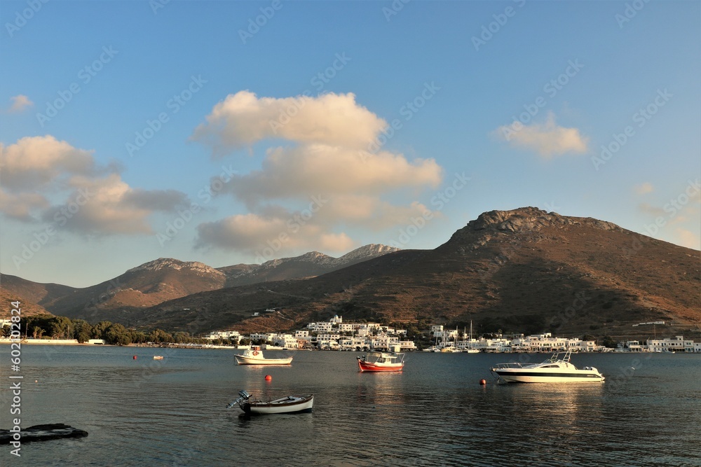 boats in the bay of Amorgos island in Greece at sunset
