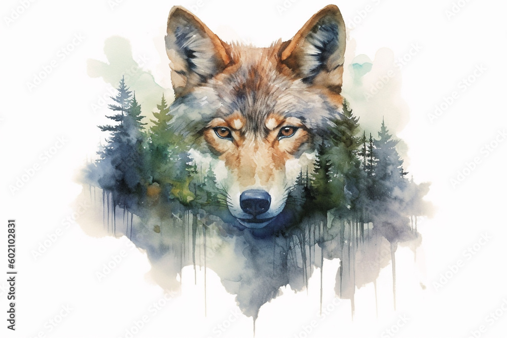 Portrait of wolf double exposure with forest watercolor Generative AI Generative AI - obrazy, fototapety, plakaty 