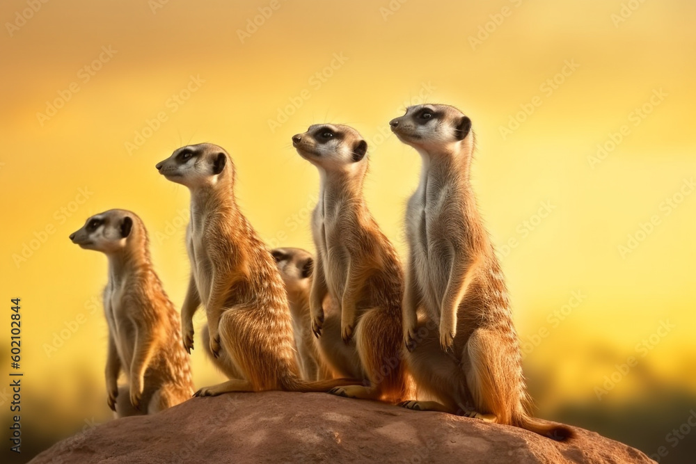 Side view of curios Meerkats standing on top of rock Generative AI Side view of curios Meerkats standing on top of rock Generative AI