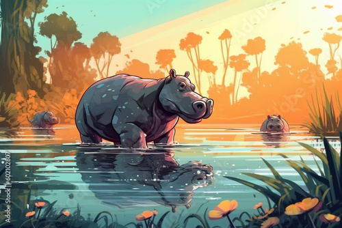 Cartoon illustration hippopotamus in the pond Generative AI