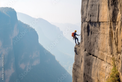 Unidentified man doing a steep mountain via ferrata Generative AI