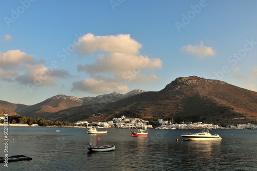 boats in the bay of Amorgos island in Greece at sunset