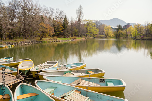 Nakajima park pond and boat in Sapporo, Hokkaido, Japan photo