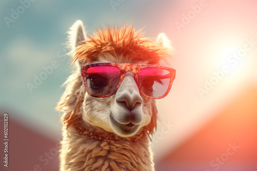 Funny llama with pink sunglasses Generative AI © cn0ra